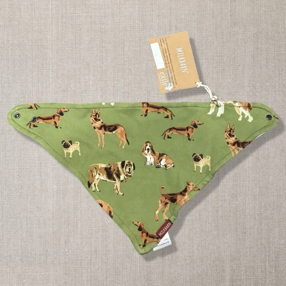 MilkBarn Organic Cotton Dog Print Baby Bandana Bib Green NWT Snap Closure